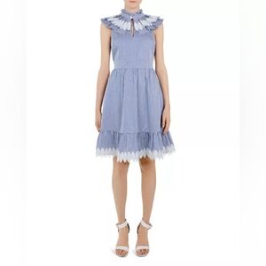Ted Baker Blue White Striped Cotton & Lace Appliqué Dress